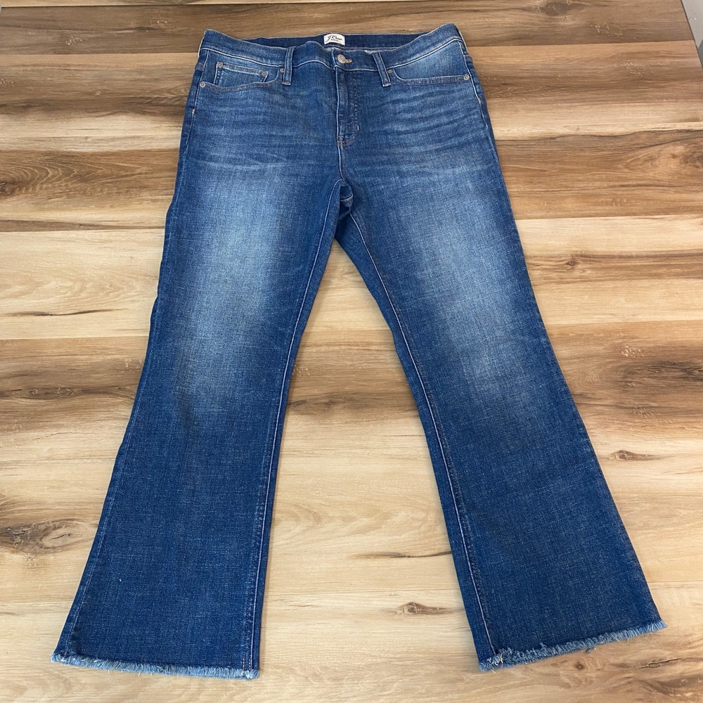 J Crew 32T Billie 9 Inch Demi Boot Crop Jeans Distressed Frayed Hem Blue Denim